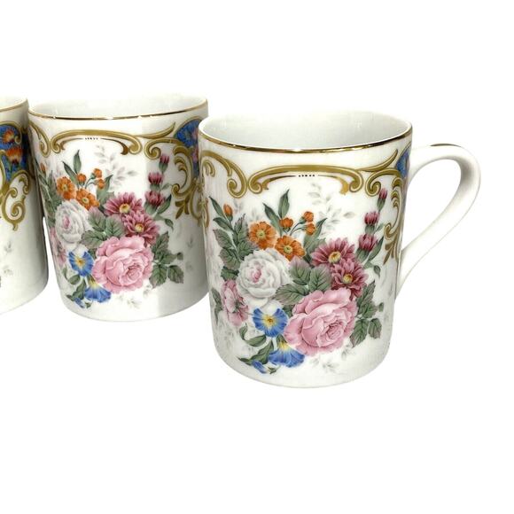 Vintage Andrea By Sadek Mugs Set of 4 Victorian Floral Pink & White Ceramic - Picture 4 of 10